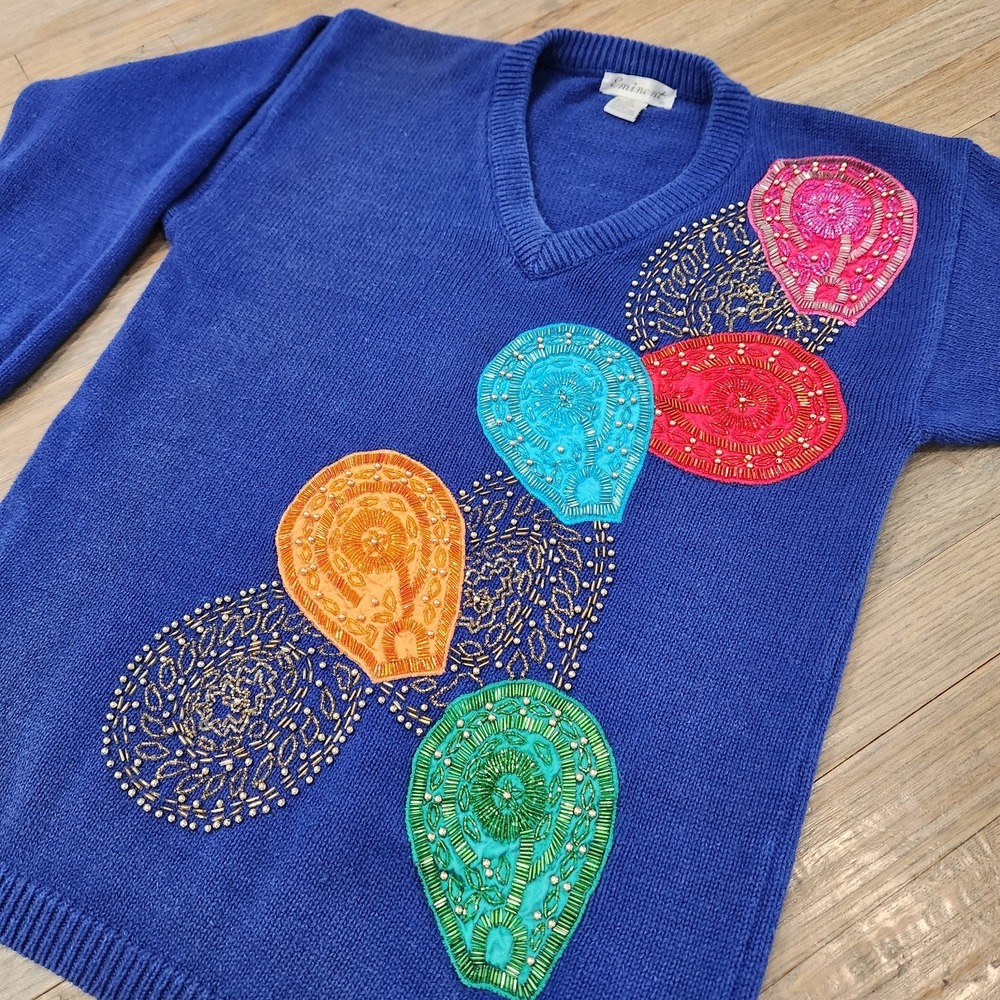 VTG‎ Eminent Sweater Medium Sequins Christmas Balloons Ramie Cotton Embellished - Picture 3 of 10